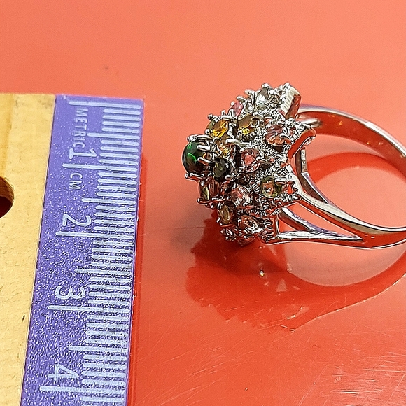 Natural Fire Opal & Tourmaline 925 Sterling Silver Ring Sz 7.5 - Picture 6 of 14